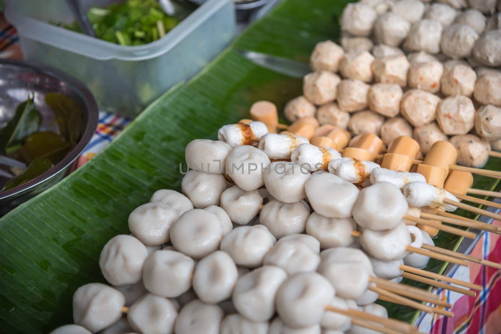 Meat ball variety type of meat (beef, pork and fish) for sale at Thai street food market in Bangkok Thailand
