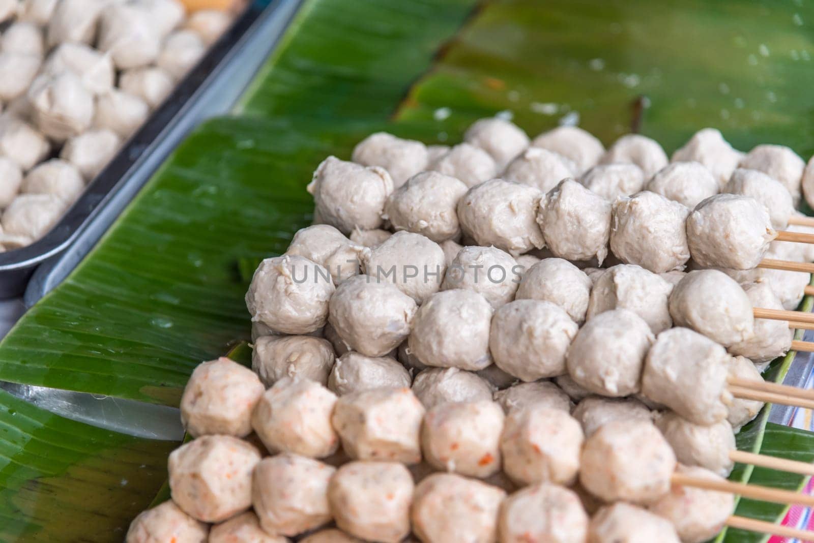 Meat ball variety type of meat (beef, pork and fish) for sale at Thai street food market in Bangkok Thailand