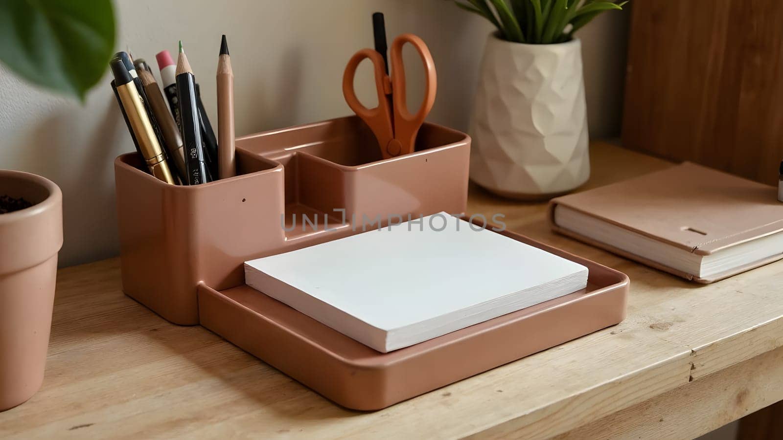 Minimalist desk setup with a warm and professional Mocha-inspired palette