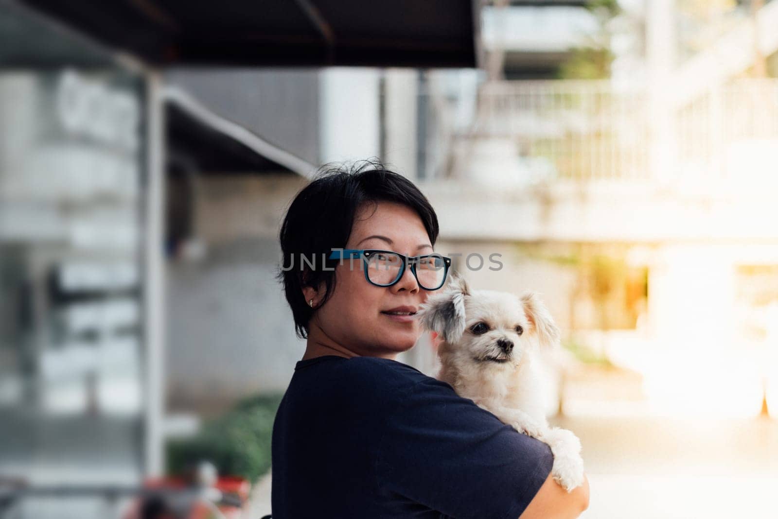 Asian woman and dog happy smile hugging her pat is a dog so cute mixed breed with Shih-Tzu, Pomeranian and Poodle at coffee shop cafe or restaurant with copy space