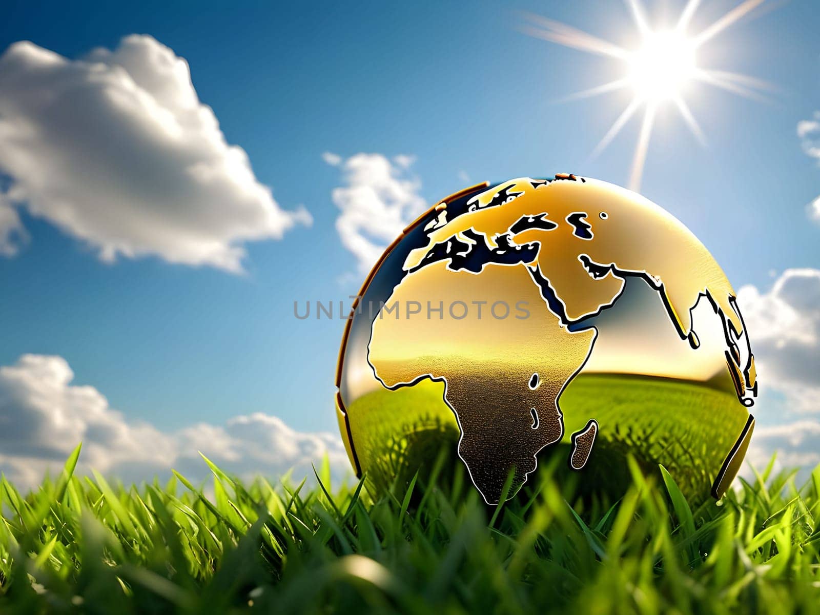golden globe green grass blue sky ecology climate nature sun light landscape earth planet generated ai alt illustration background image wallpaper . High quality 3d illustration
