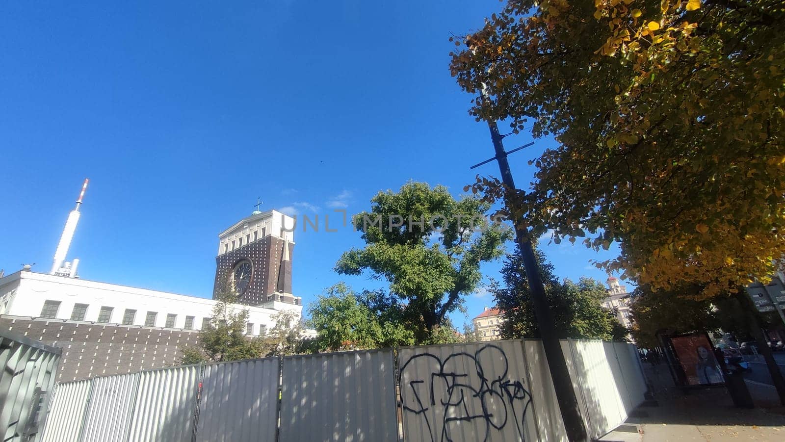October 15 2024 Prague Czech Republic Europe City autumn trees architecture street building . High quality photo