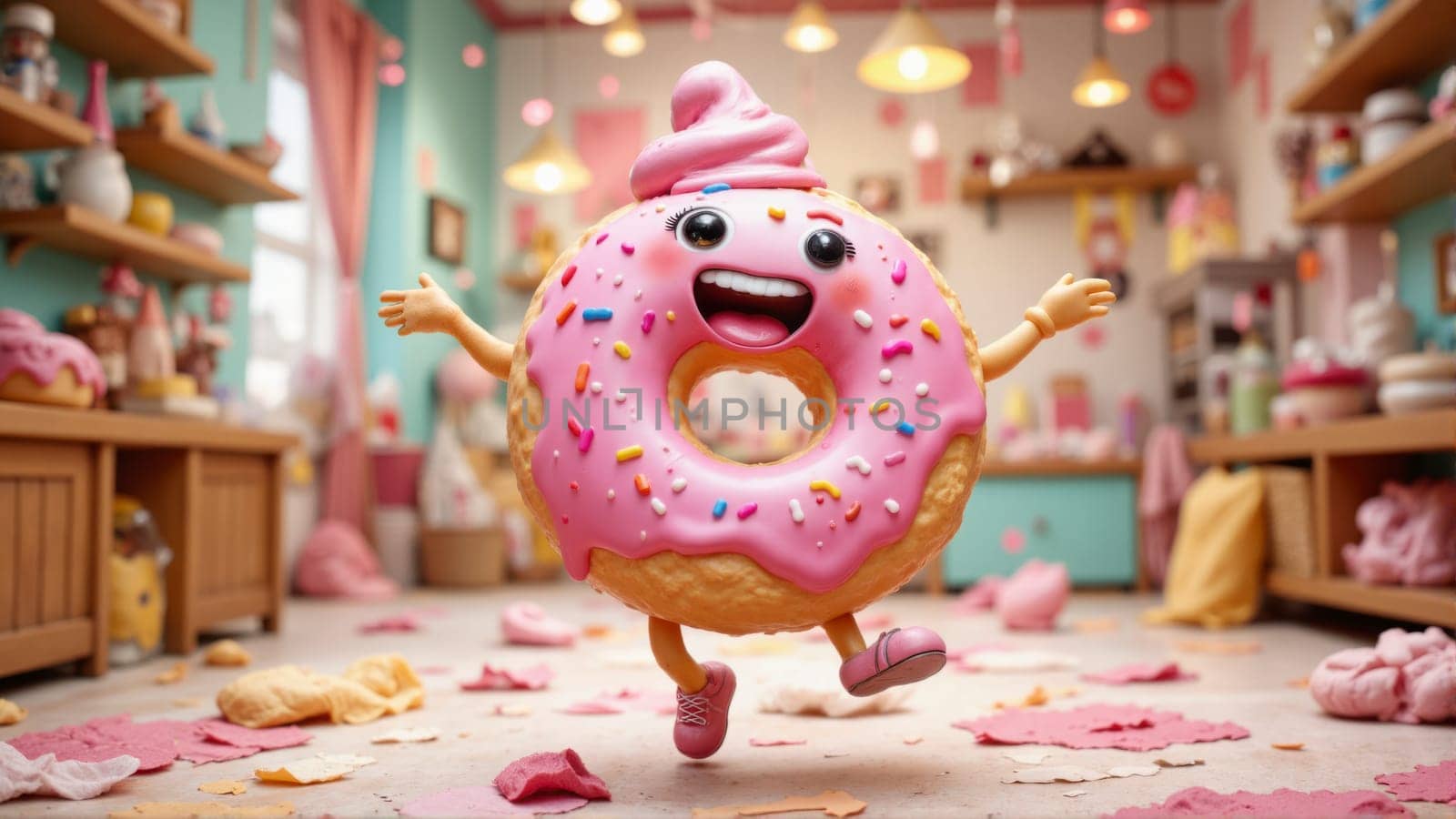 A cartoon character in a pink donut is jumping in a messy room. The room is filled with various objects such as a bowl, a cup, a spoon, a bottle, and a cake. The scene gives off a playful