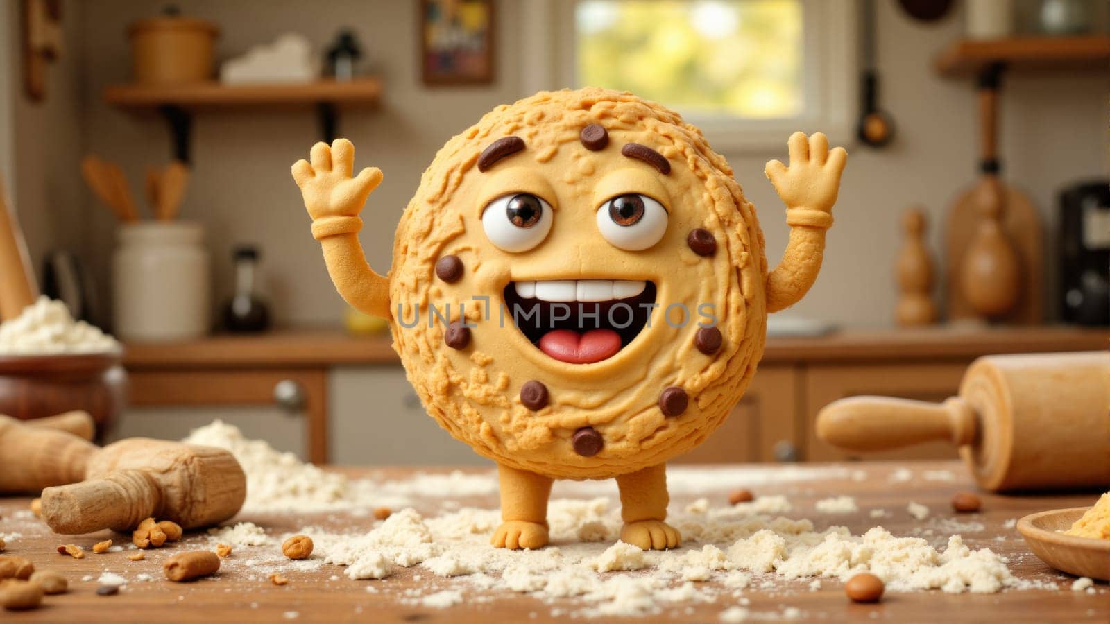 A cookie character is standing on a table with flour and cookie dough. The cookie is smiling and has a mouth open, as if it is excited