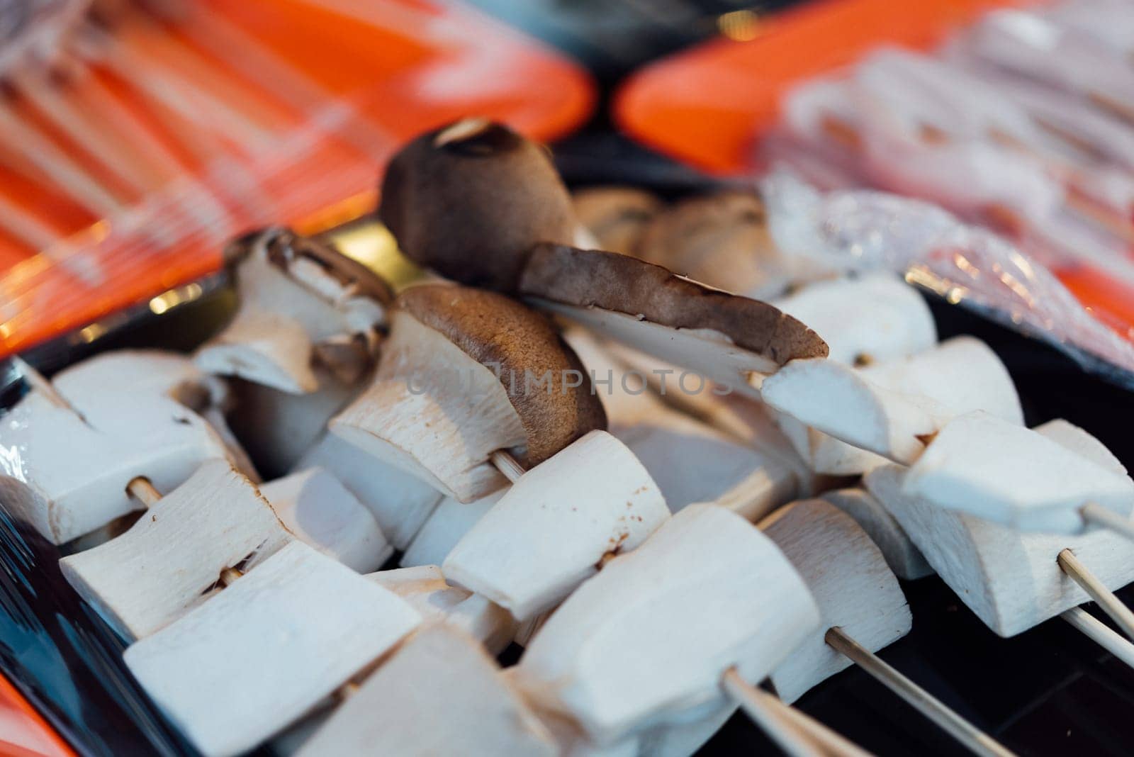 Mala is Grilled meat (Beef, Pork, Chickens or Mushroom) with chilli sauce and chinese hot spicy herb (Sichuan Pepper) for sale at Thai street food market or restaurant in Bangkok Thailand