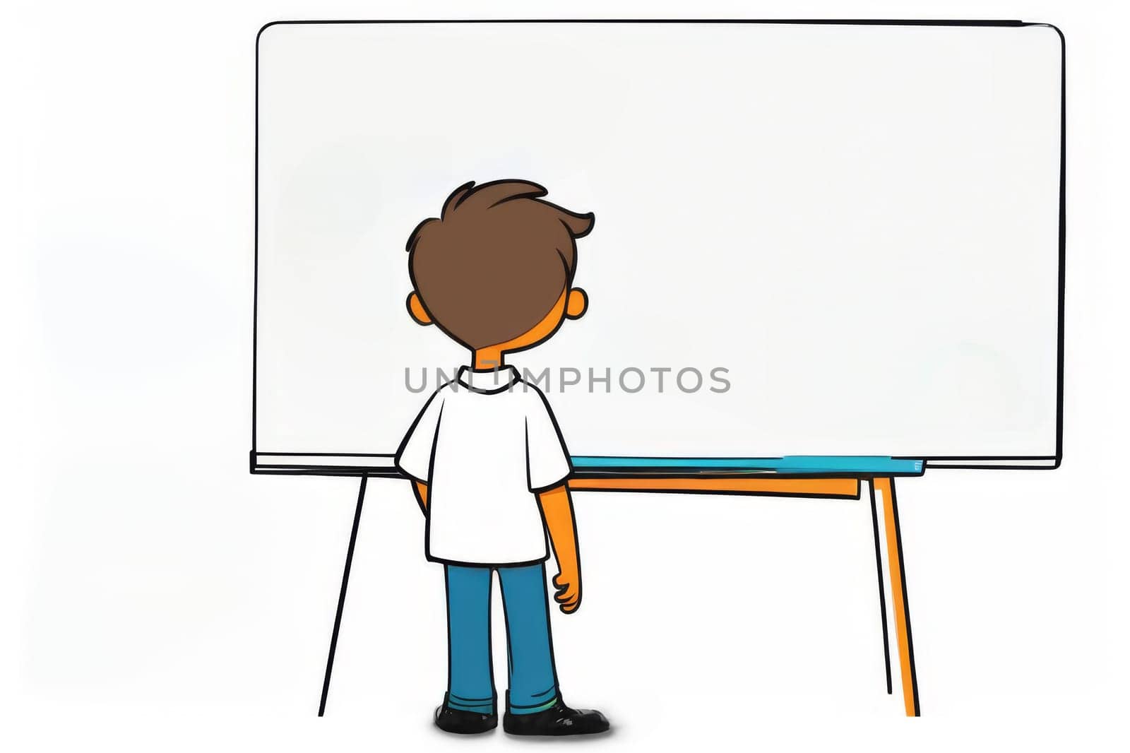 A boy stands with his back to the school white board and writes on it.