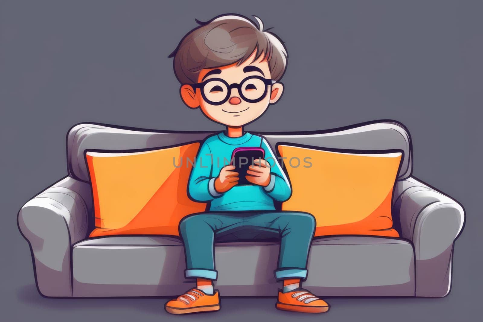 A boy wearing glasses sits on a gray sofa and looks at a smartphone