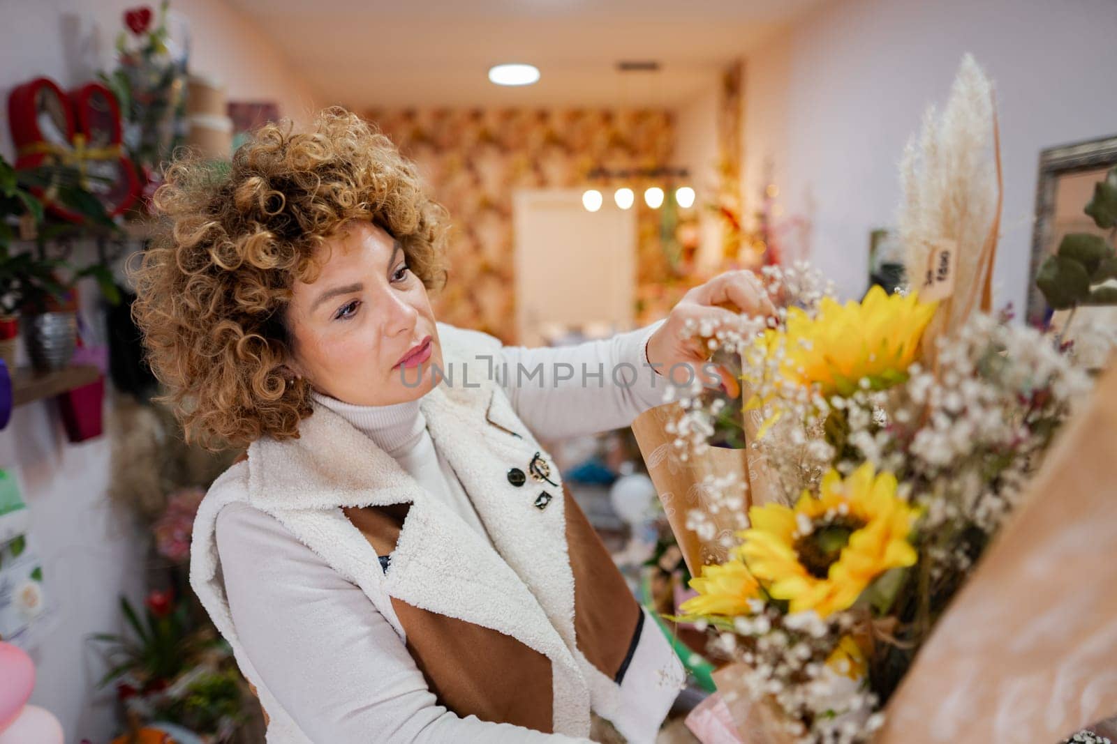 In a cozy floral shop, a talented florist carefully arranges cheerful sunflowers and soft baby s breath with an artistic touch. The warm atmosphere highlights her passion for flowers.