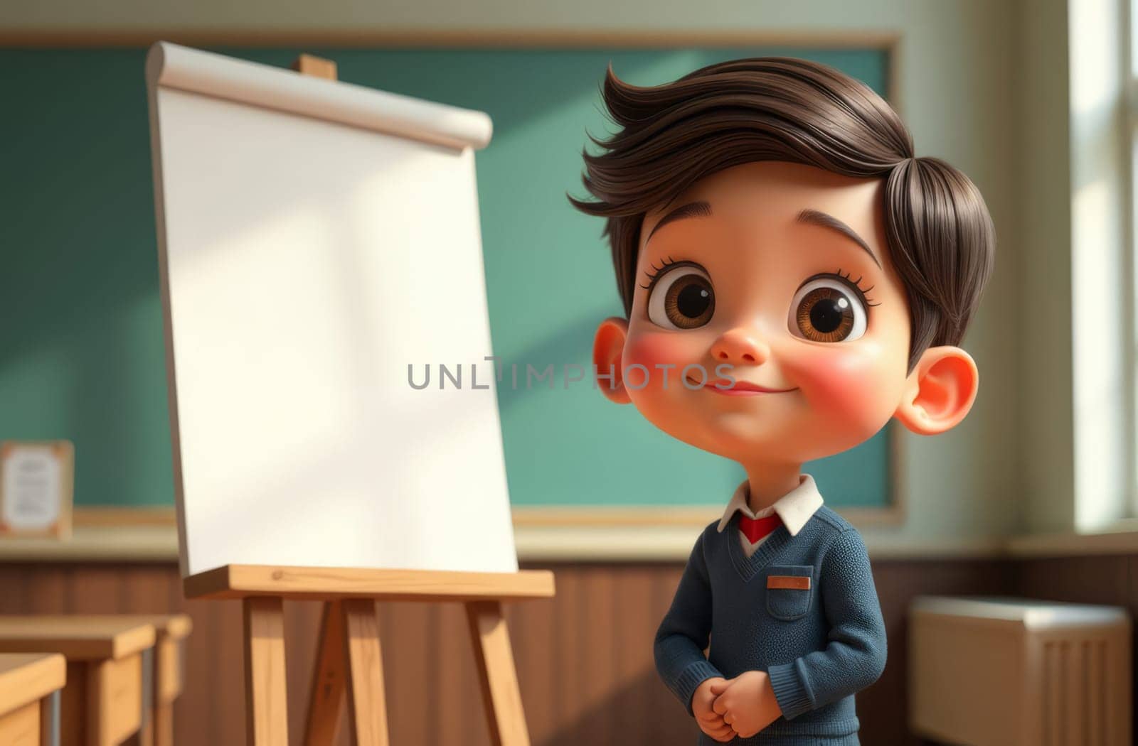 A boy at school stands at the blackboard Back to school