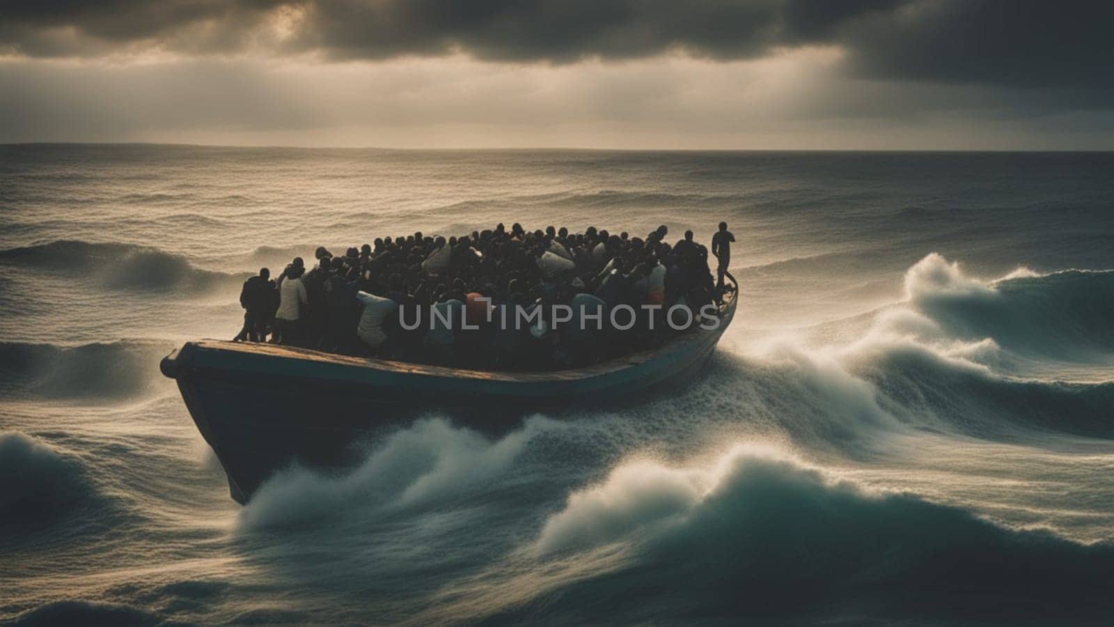 african migrants lost in a dangerous storm in mediterranean sea, risking life, dreaming of bright future in Europa