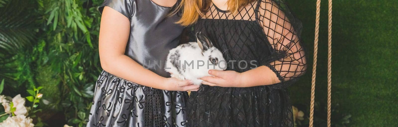 close-up view of the girls hands with the rabbit. holding cute furry rabbit. Friendship with Easter Bunny. cute fluffy pet.Easter or new year 2023 concept. web banner,Proposition for pet shops and ads by YuliaYaspe1979
