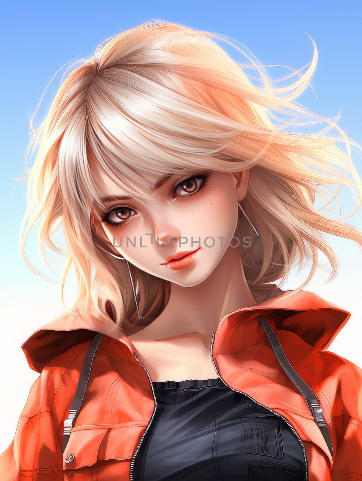 Portrait of a cartoon Asian blonde anime girl with big eyes in manga style AI