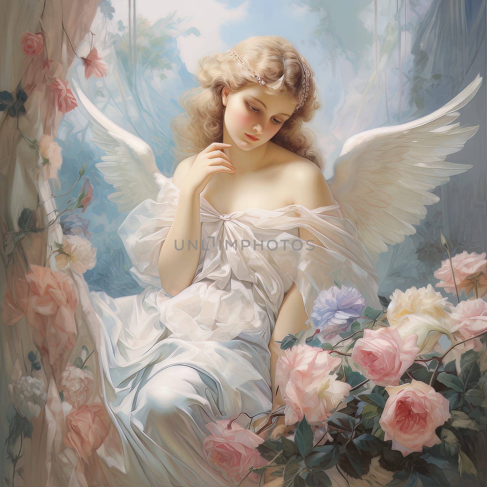 Cute angelic girl with wings and bare shoulders in light summer white dress sits on branch among luxurious rose flowers in the Garden of Eden, pure and immaculate female beauty AI
