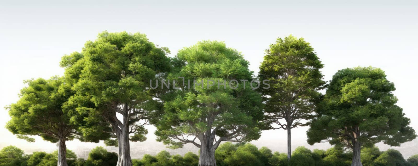 A peaceful forest with green trees and foliage isolated on a white background. AI Generative.