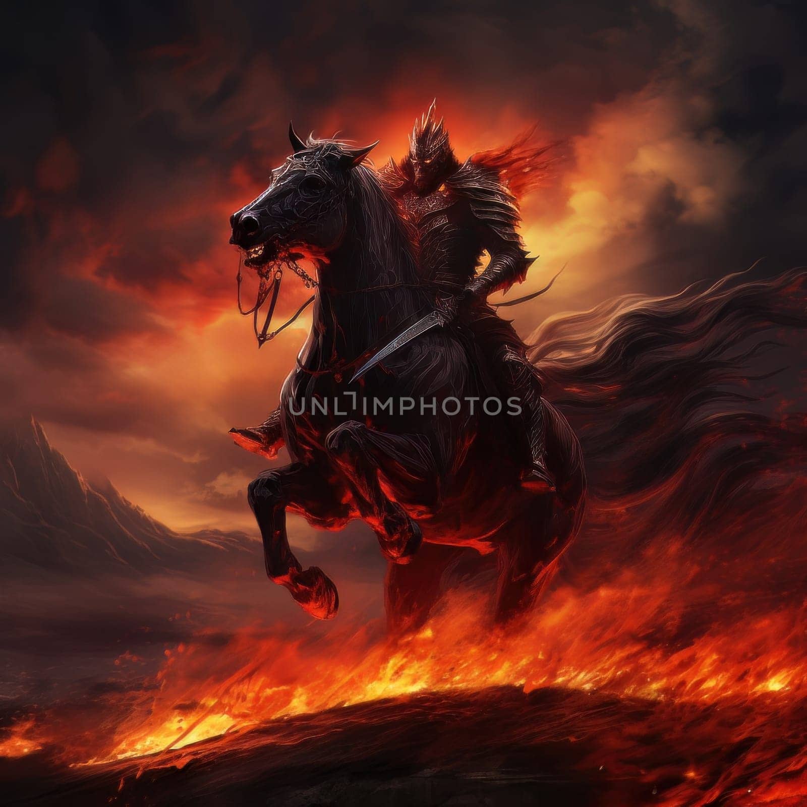 The horseman of the apocalypse riding a black horse against a background of fire, hell and scorched earth. Biblical religious theory of the end of the world. AI