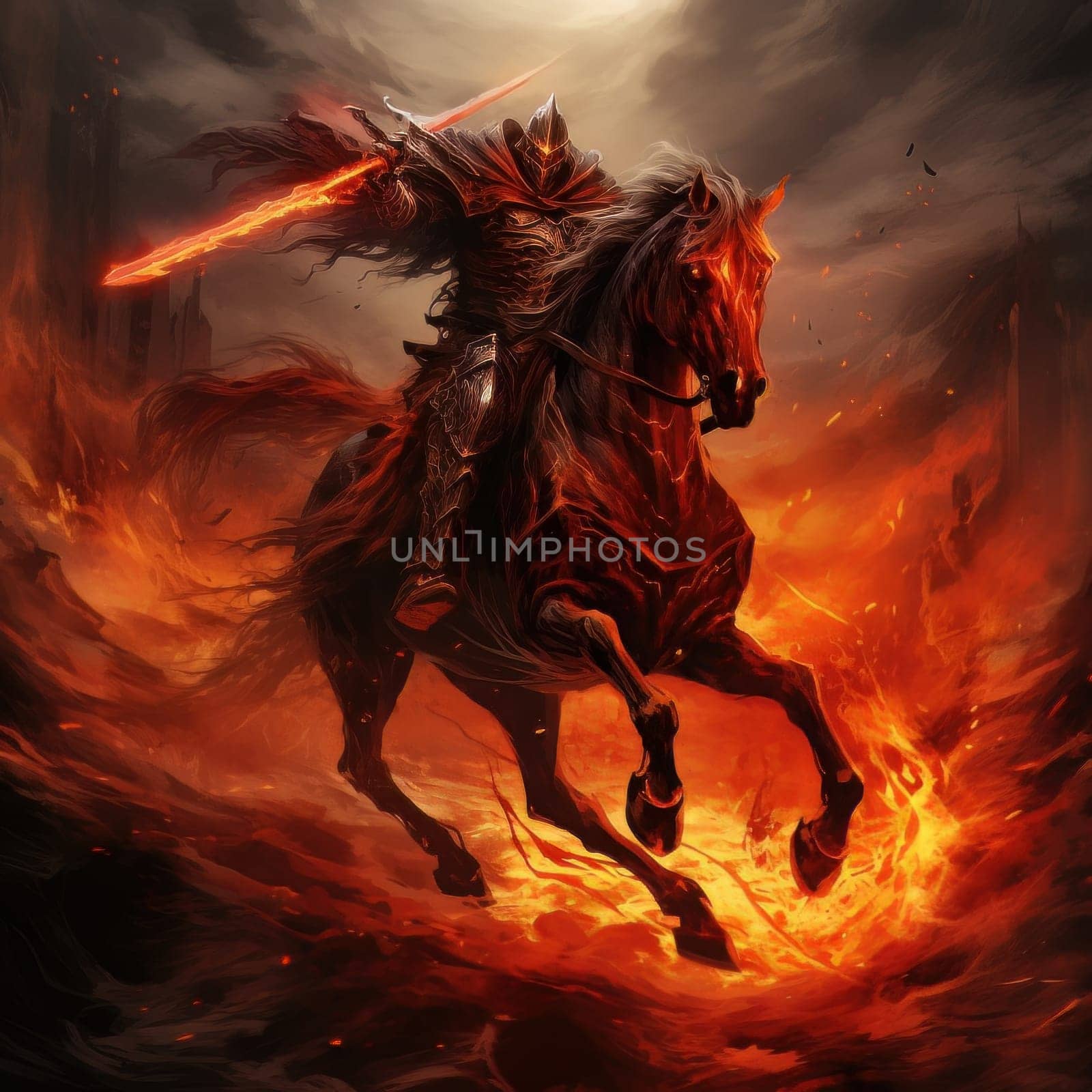 The horseman of the apocalypse riding a black horse against a background of fire, hell and scorched earth. Biblical religious theory of the end of the world. AI