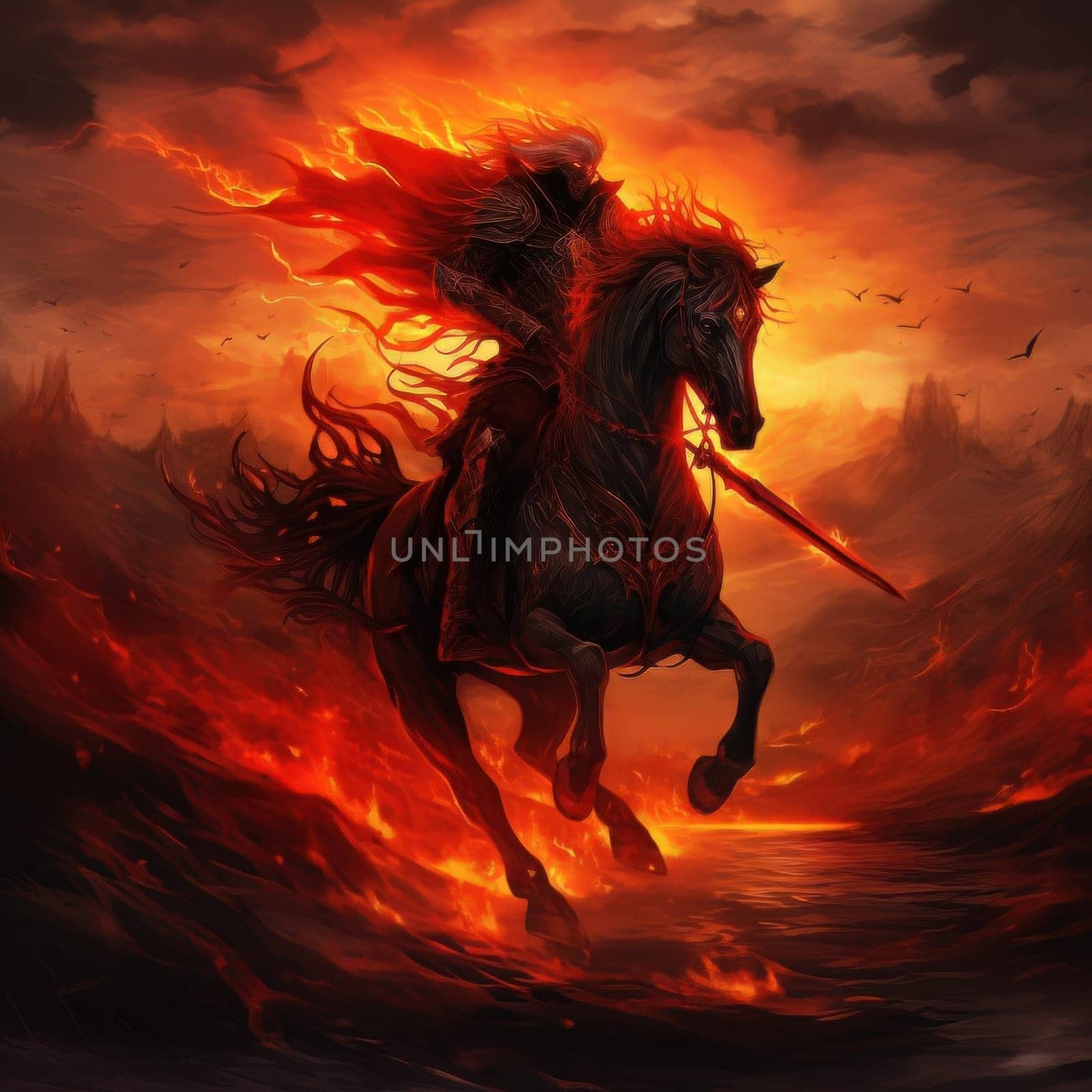 The horseman of the apocalypse riding a black horse against a background of fire, hell and scorched earth. Biblical religious theory of the end of the world. AI