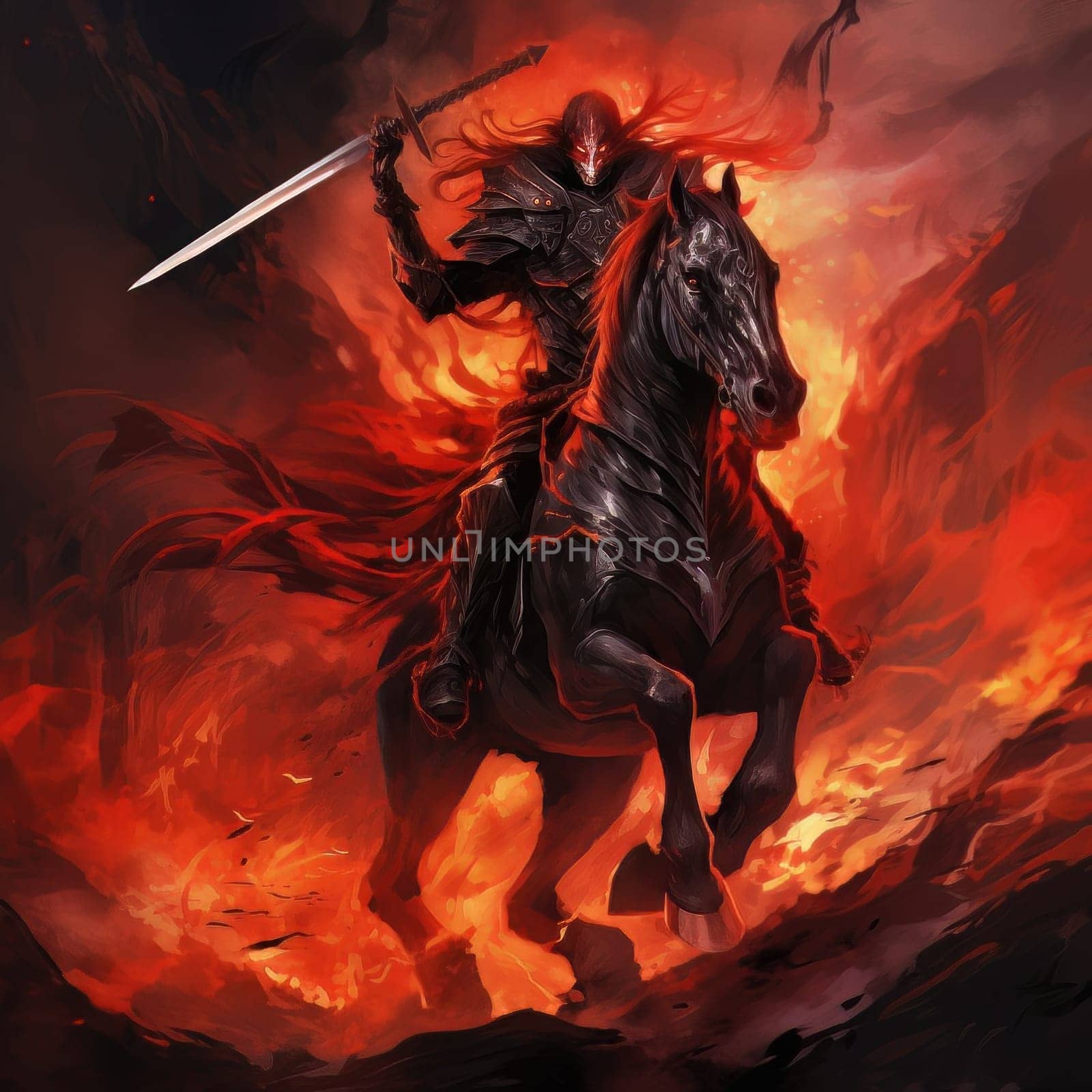 The horseman of the apocalypse riding a black horse against a background of fire, hell and scorched earth. Biblical religious theory of the end of the world. AI