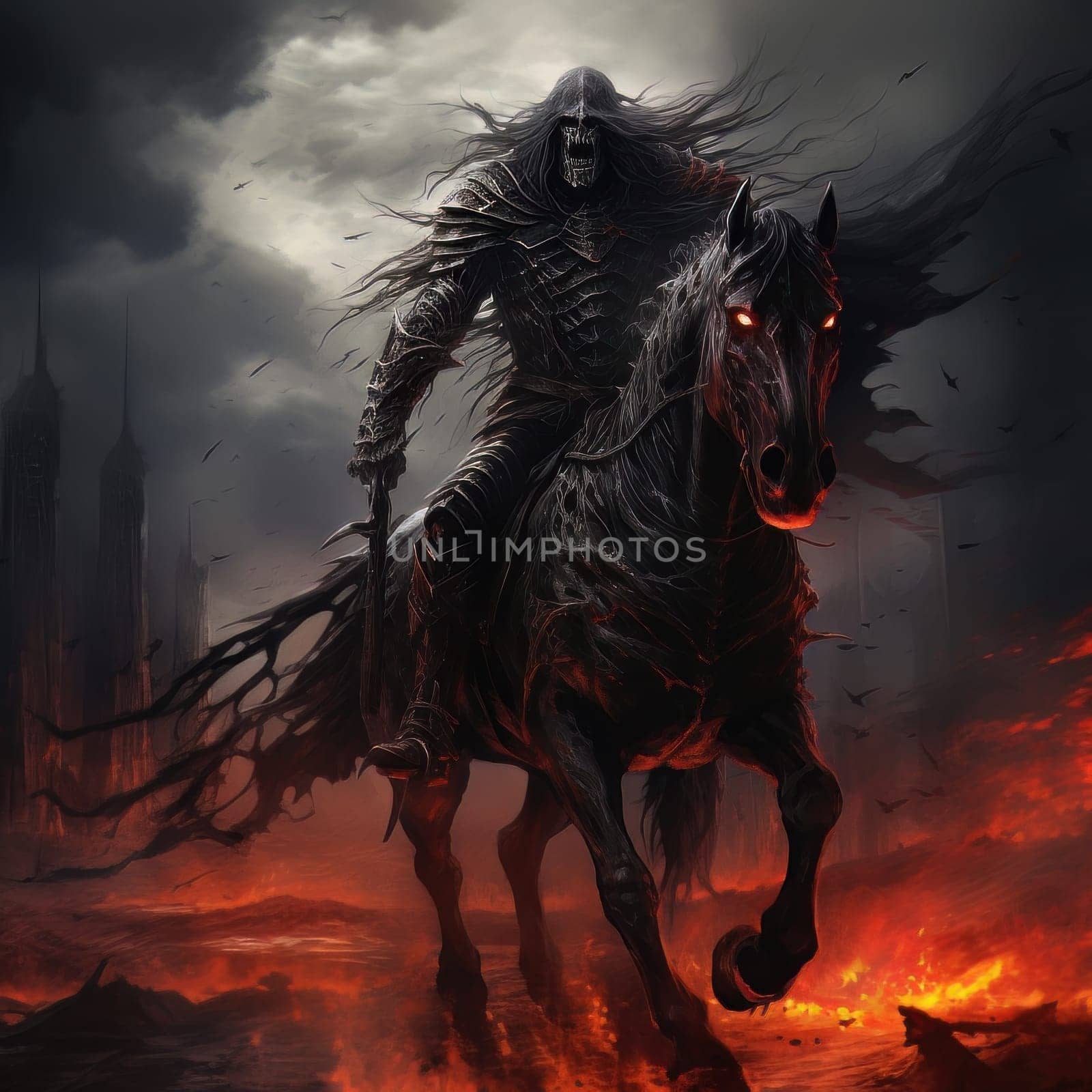 The horseman of the apocalypse riding black horse against a background of hell and scorched earth. Biblical religious theory of the end of the world. AI