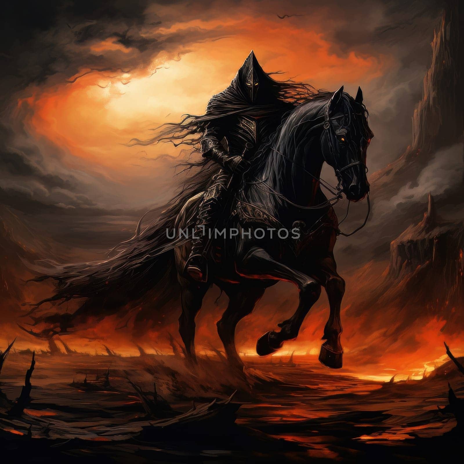 The horseman of the apocalypse riding black horse against a background of hell and scorched earth. Biblical religious theory of the end of the world. AI