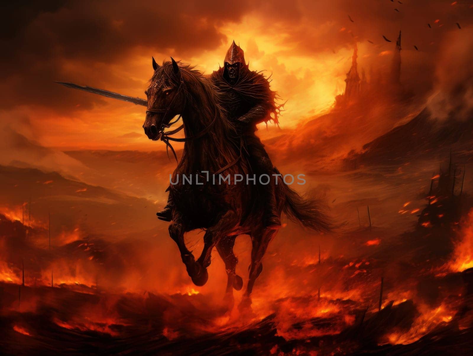 Black horseman of the apocalypse with sword riding black horse AI by but_photo