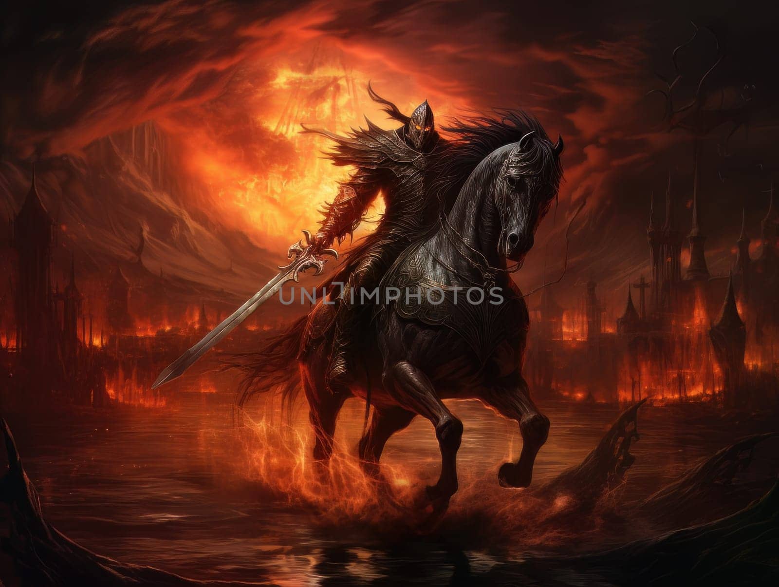 Black horseman of the apocalypse with sword riding black horse AI by but_photo