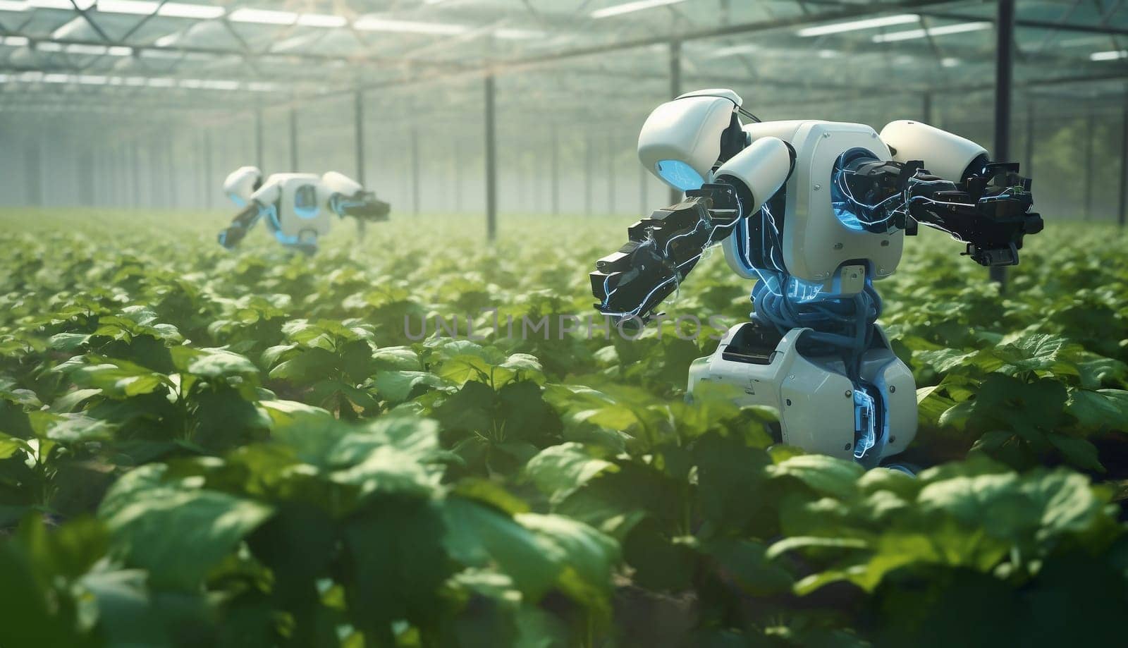 Autonomous Agriculture Robots Working in Smart Vegetable Farm, Future 5G technology. Bio Agricultural Robotic Technology. Organic Greenhouse. AI Generated. Horizontal. Copy Space High quality photo