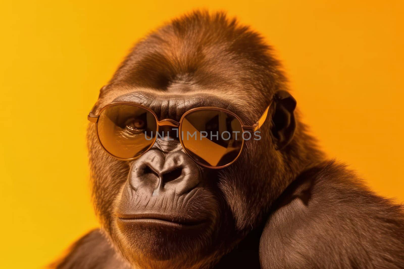 This gorilla is not one to be messed with. His powerful presence is only enhanced by the cool and fashionable sunglasses he wears on a bright yellow background. AI Generative.