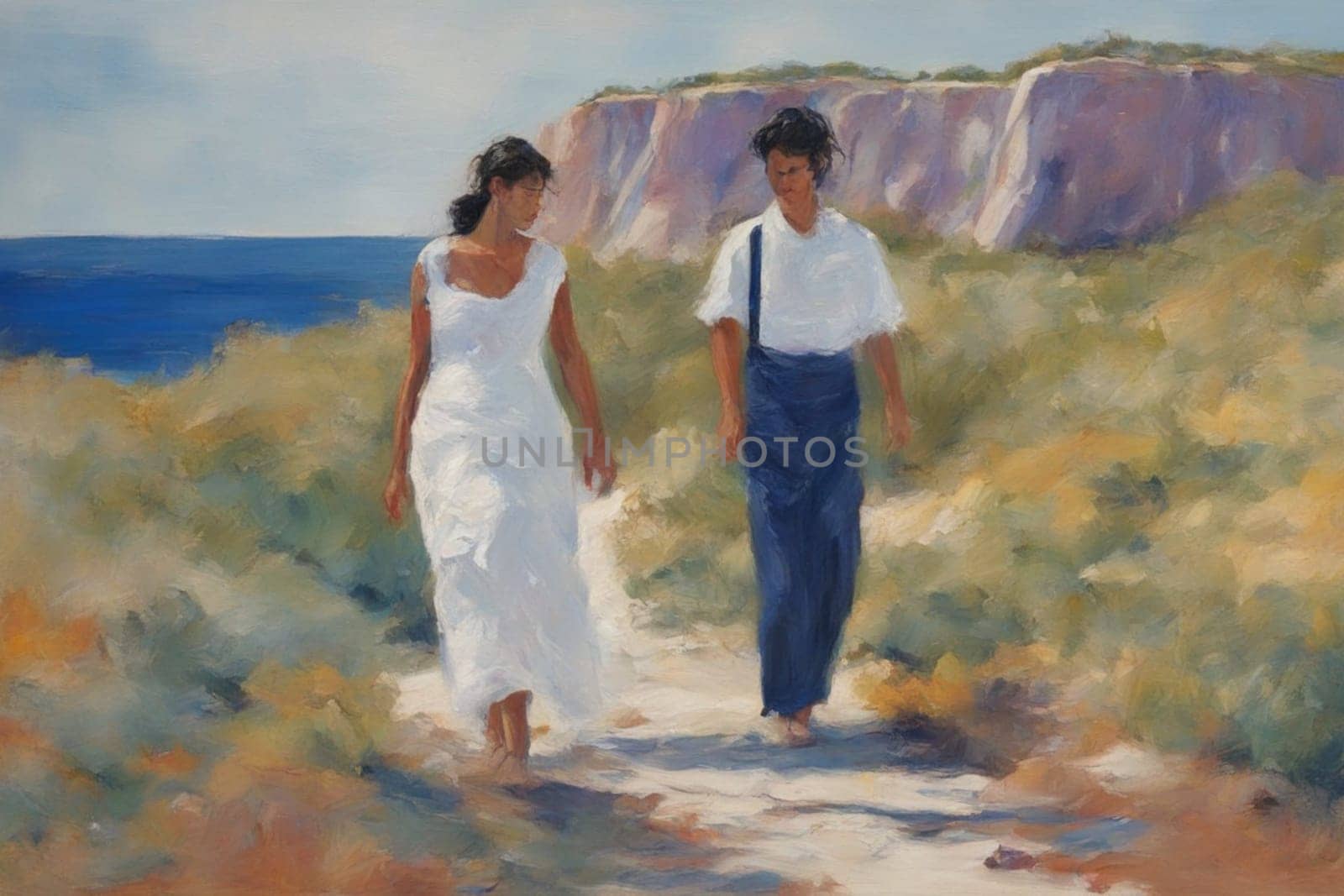 gay loving couple walking by hand in the beach, romantic open mixed race illustration by verbano