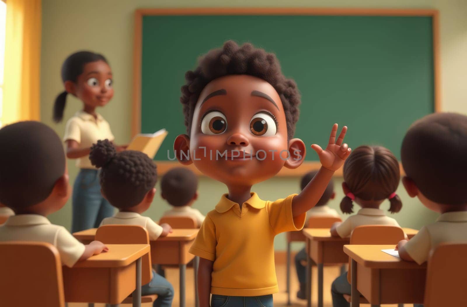 African boy with raising his hand in elementary school class for answer