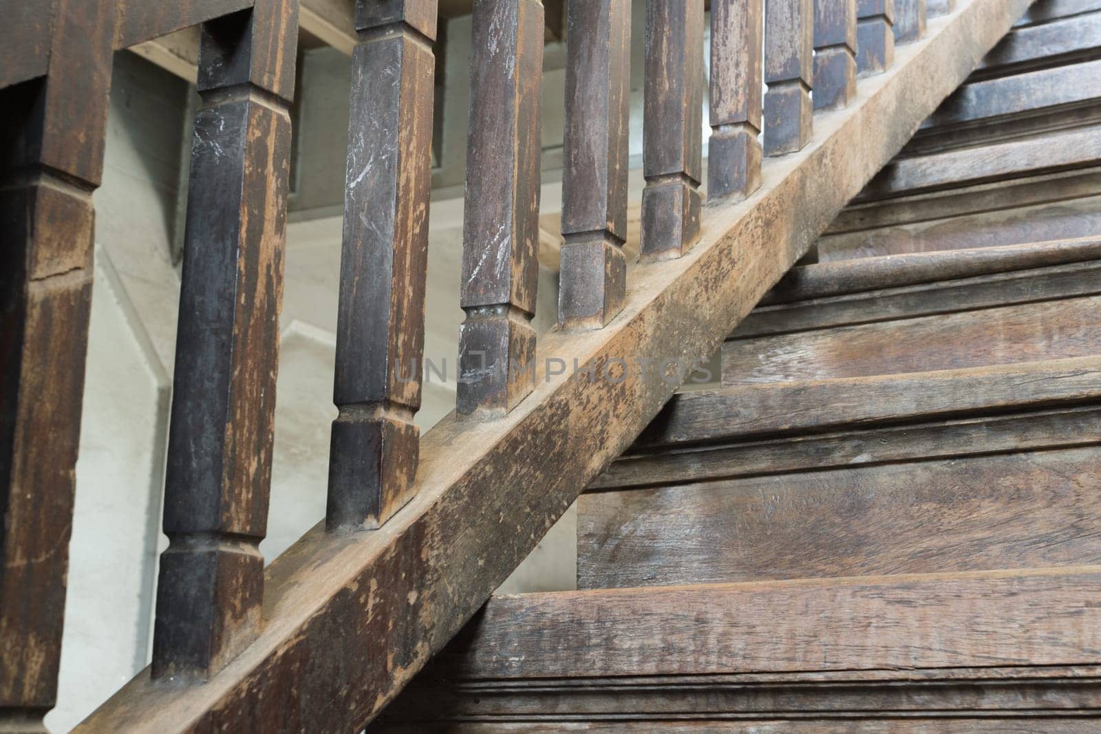 Ancient wooden staircase vintage style in preserve retro architecture
