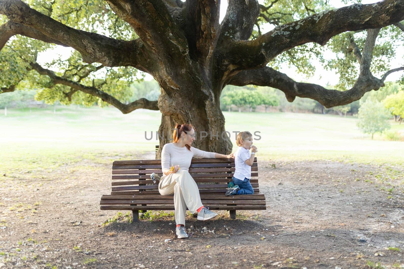 Mother and her son are enjoying each other's company while sitting on a park bench under a large tree