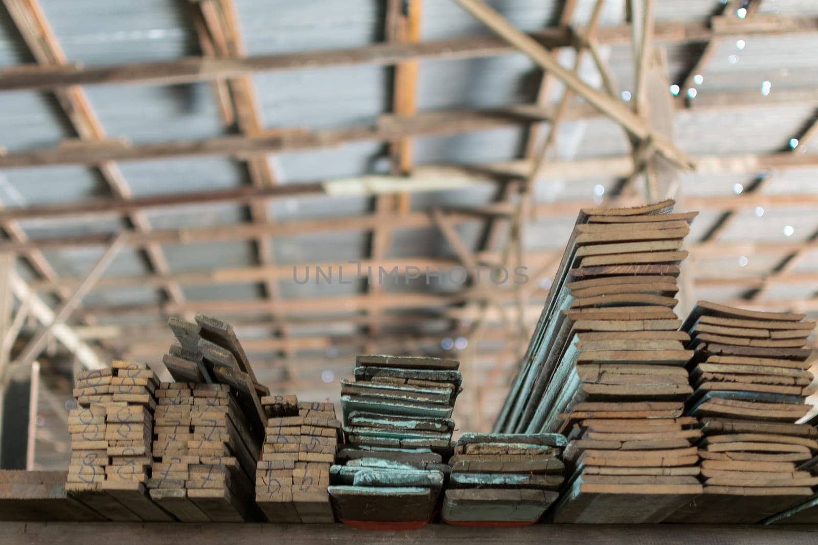 Slat and Timber wood from natural hardwood in warehouse for a construction