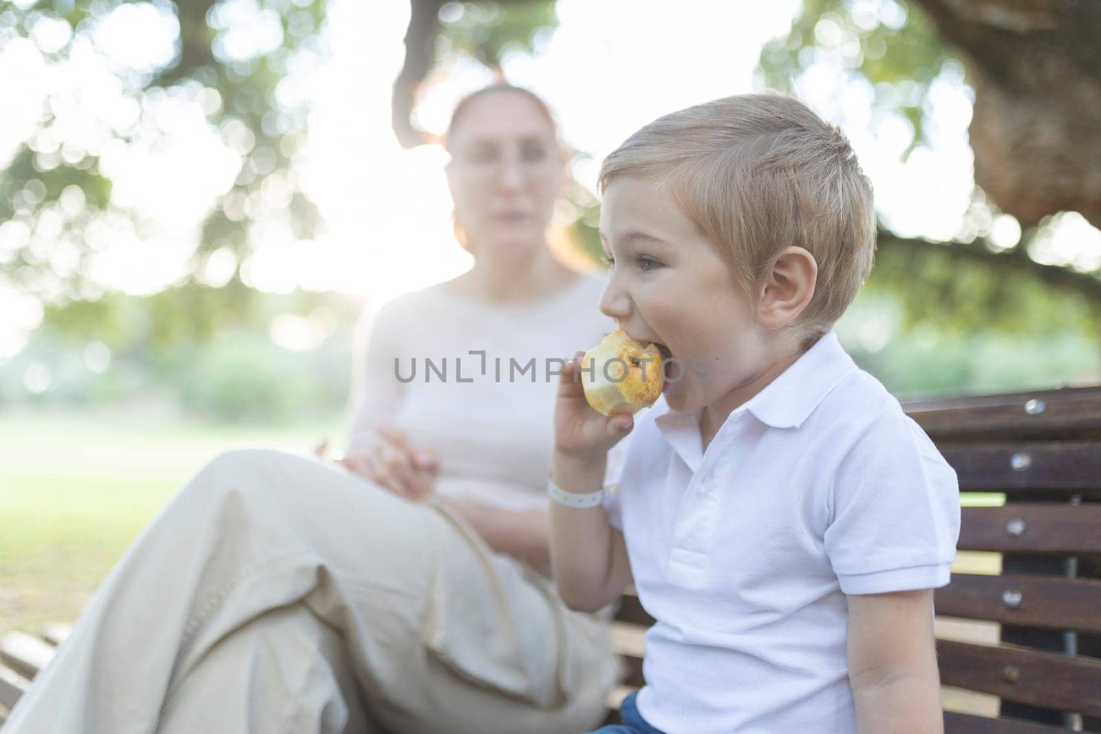 Little boy enjoying a muffin outdoors on a bench while talking with his mother, out of focus in the background