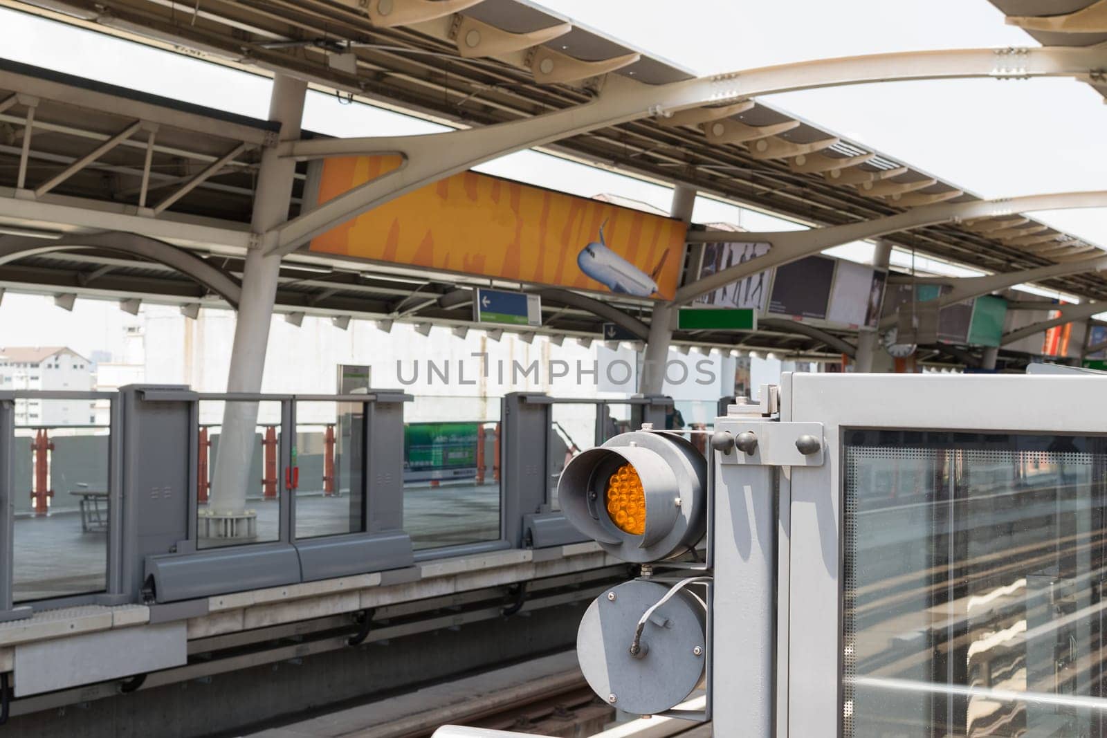 Skytrain train runs in Bangkok. Many people in Bangkok used skytrain to save time.