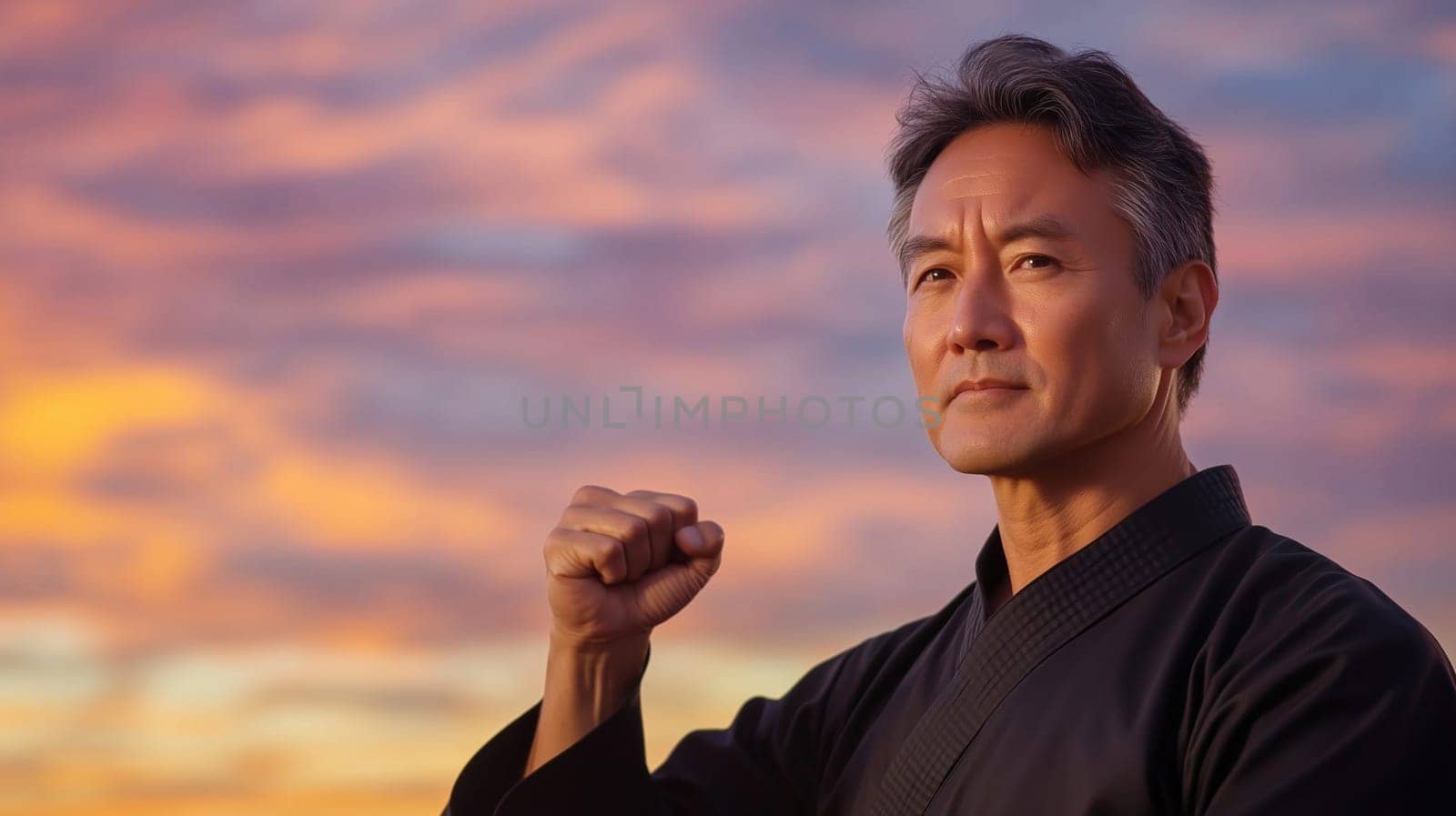 Calm, focused Asian mature man practicing martial arts, karate outdoors, sky with sunset in the background