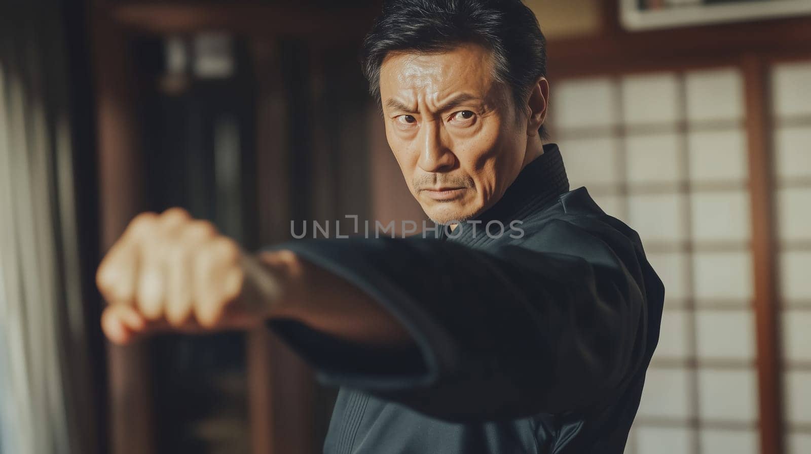 Focused Asian mature man practicing martial arts, karate in gym