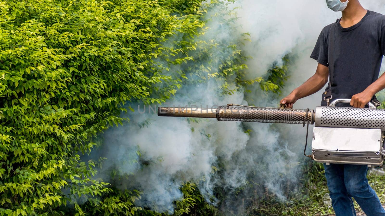 People fogging DDT spray kill mosquito for control Malaria, Encephalitis, Dengue and Zika in village at Bangkok Thailand.