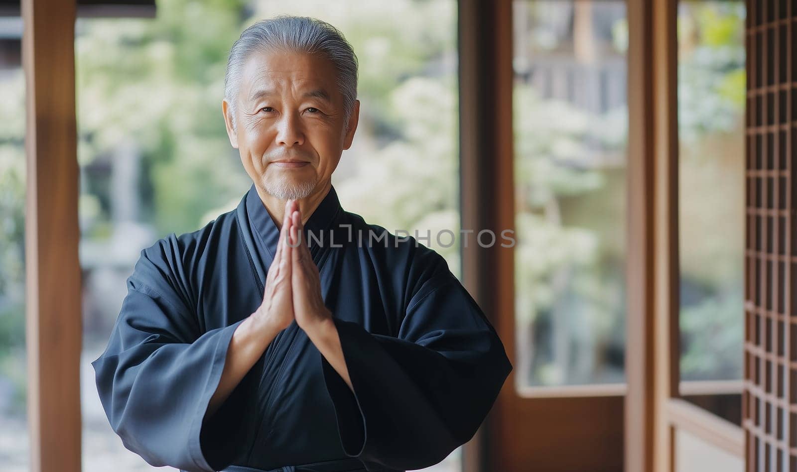 Calm, focused Asian mature man smiles practicing martial arts, karate in gym
