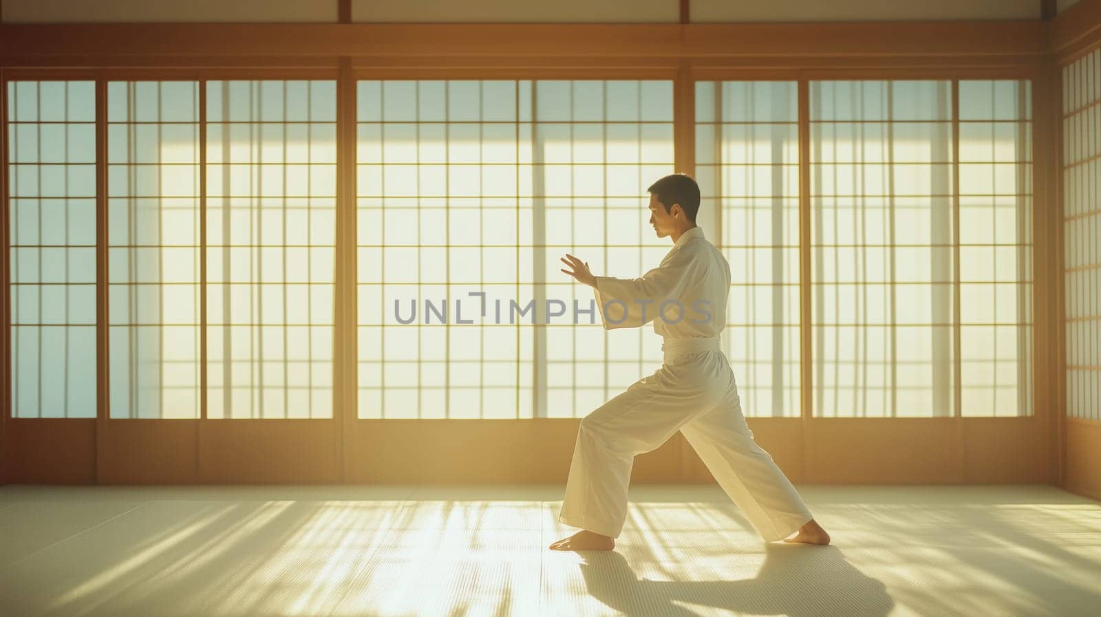 Calm, focused Asian young man practicing martial arts, karate in gym, soft natural light in the background