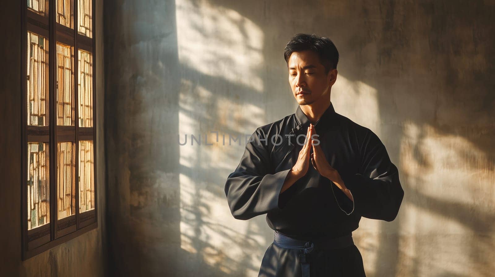 Calm, focused Asian young man practicing martial arts, karate in gym, soft sunny light in the background