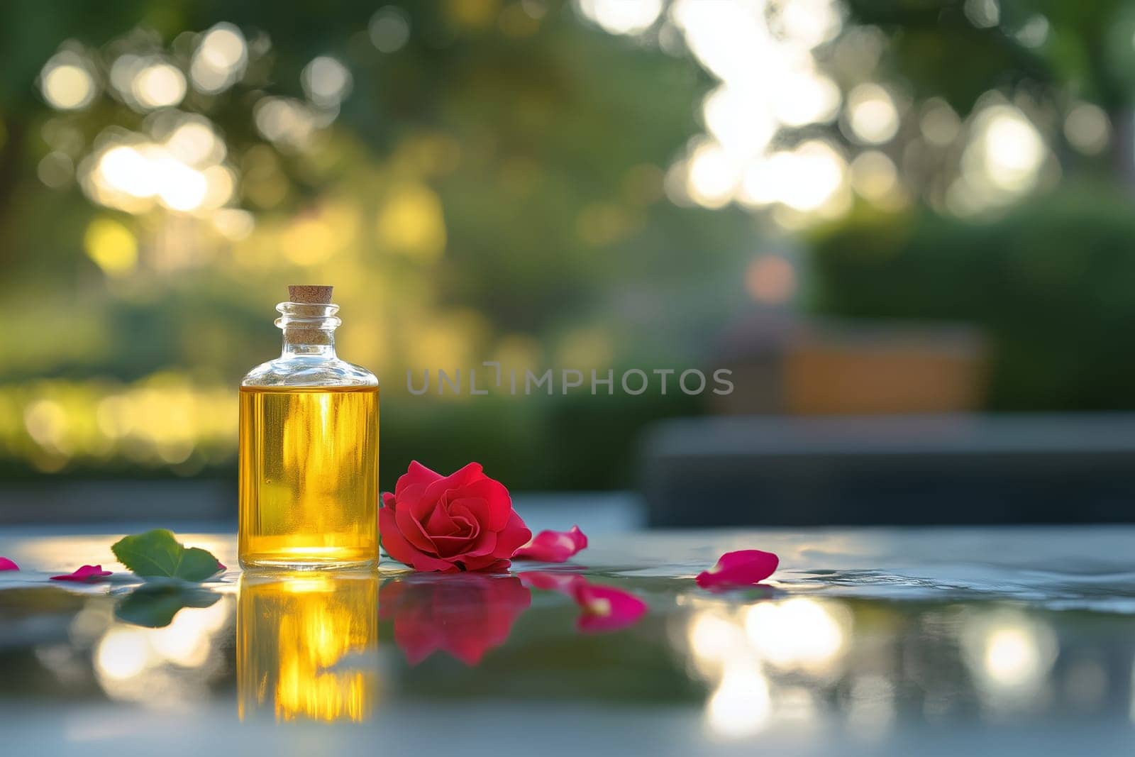 Wellness, aromatherapy beauty session, spa, glass bottle, aroma essential oil, flower petals. Spring fresh smell.