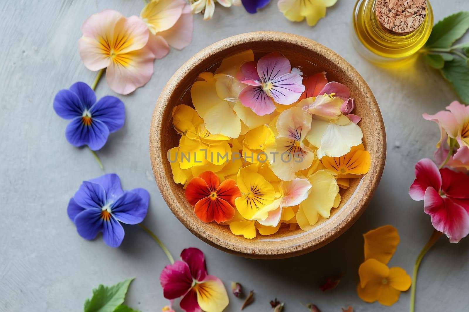 Wellness, aromatherapy beauty session, spa, aroma essential oil, flower petals, wooden bamboo bowl. Spring fresh smell