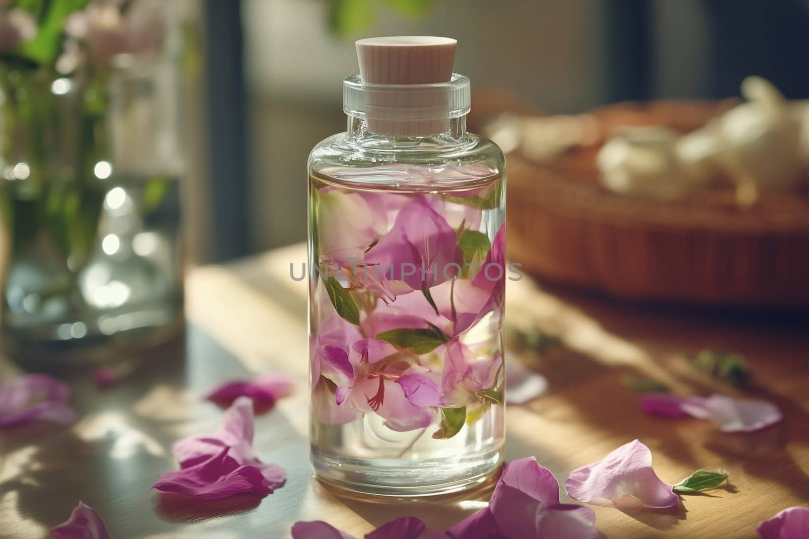 Wellness, aromatherapy beauty session, spa, glass bottle, aroma essential oil, flower petals. Spring fresh smell.