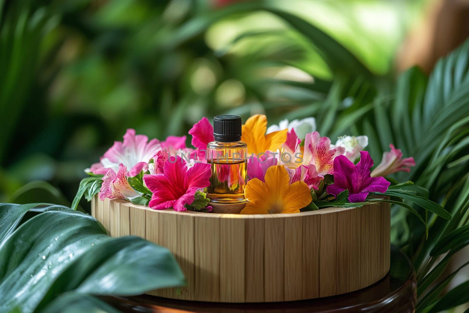 Wellness, aromatherapy beauty session, spa, glass bottle, aroma essential oil, flower petals, wooden bamboo bowl. Spring fresh smell.