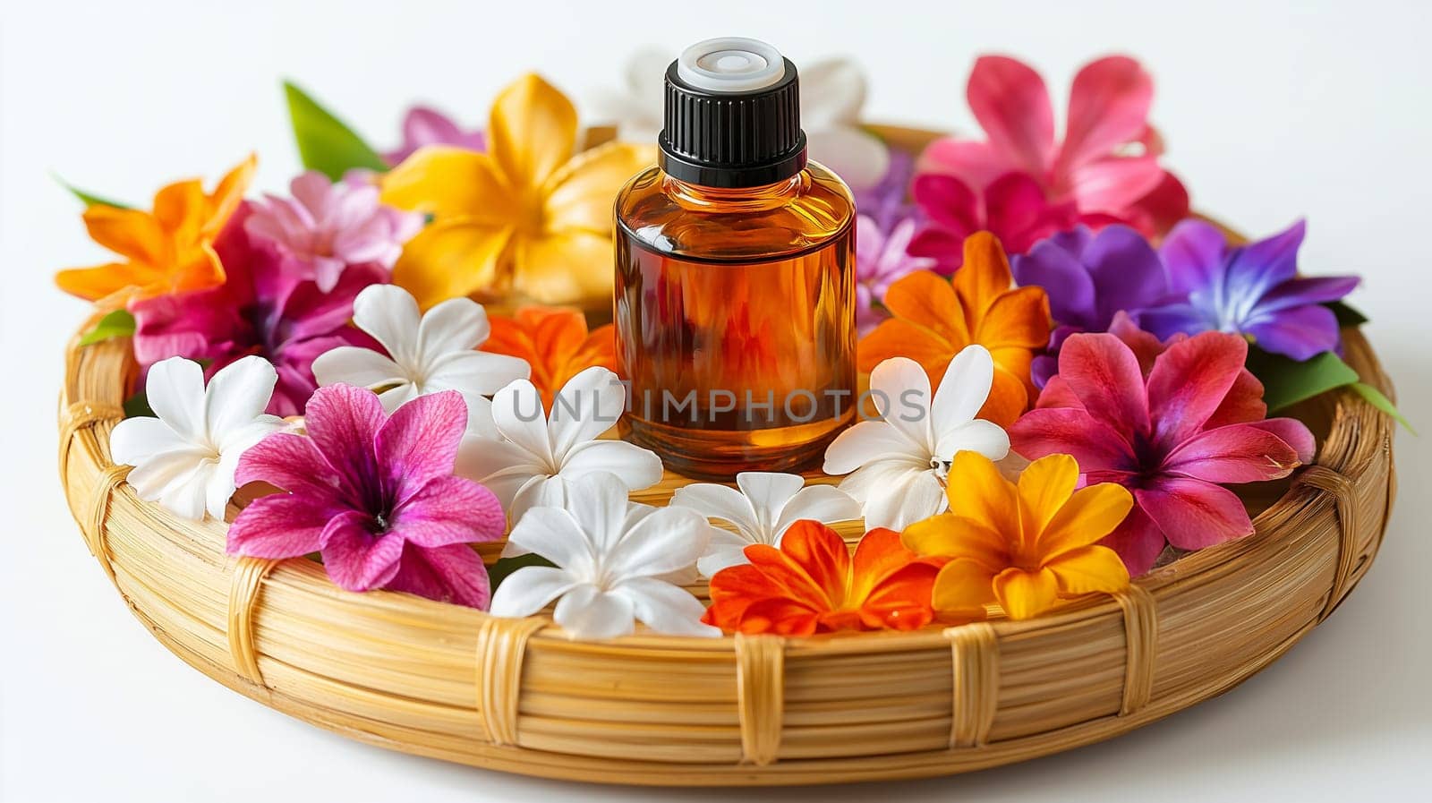 Wellness, aromatherapy beauty session, spa, glass bottle, aroma essential oil, flower petals, wooden bamboo bowl. Spring fresh smell.