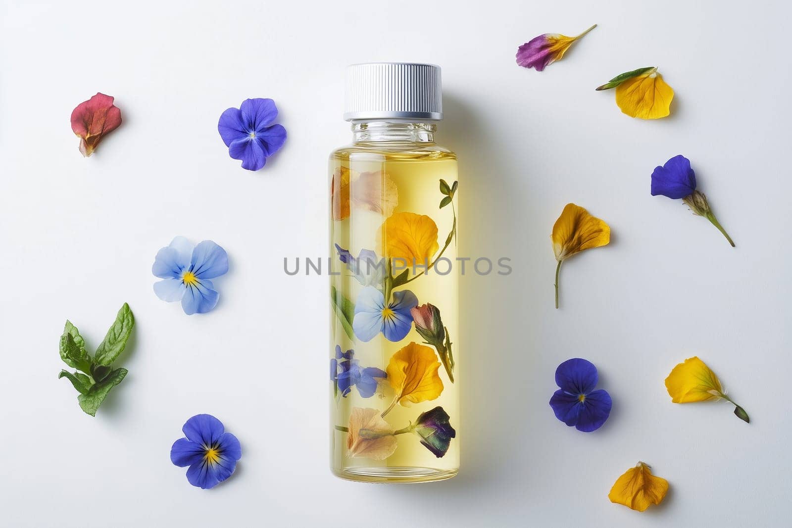Wellness, aromatherapy beauty session, spa, glass bottle, aroma essential oil, flower petals. Spring fresh smell.