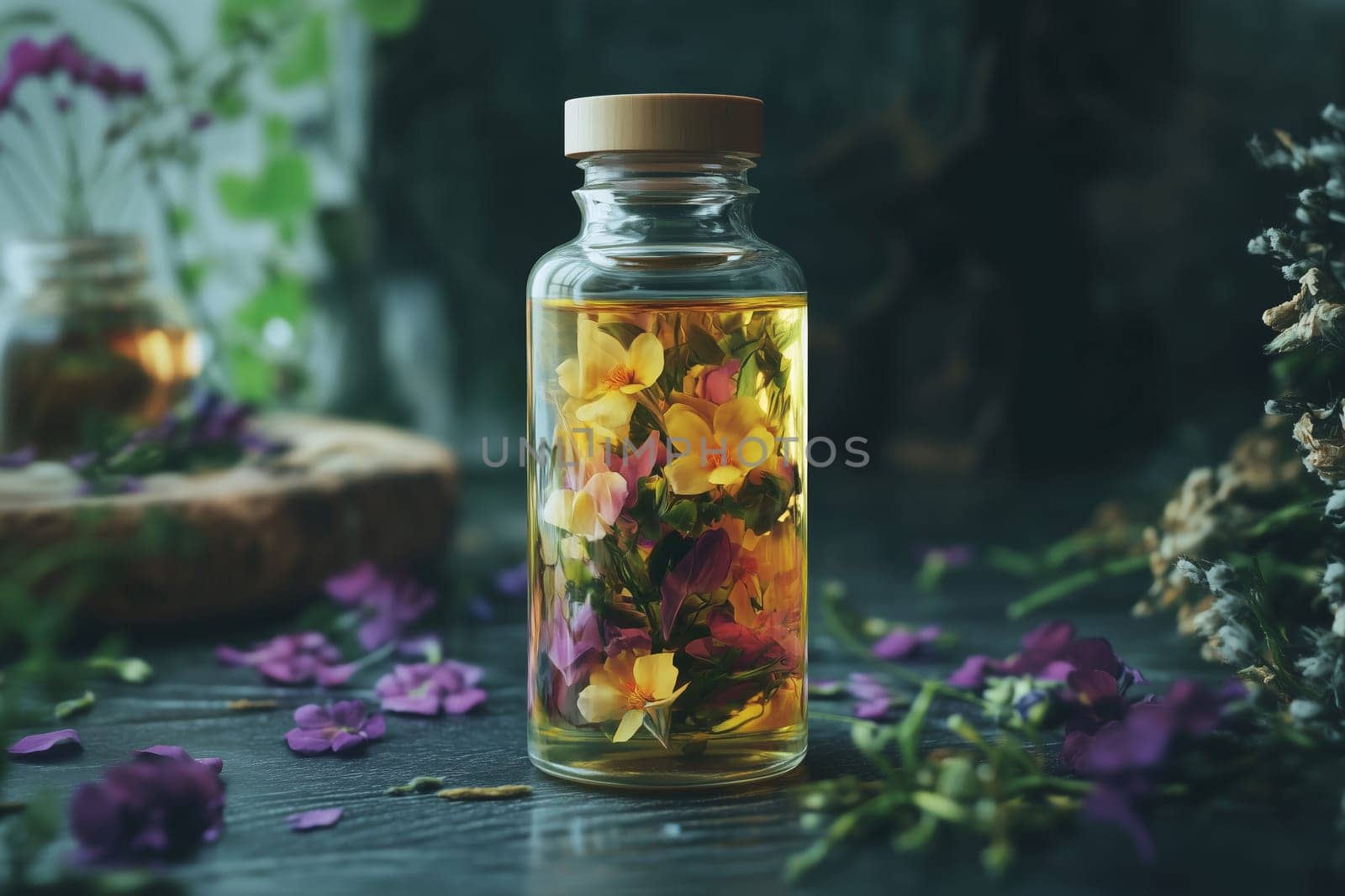 Wellness, aromatherapy beauty session, spa, glass bottle, aroma essential oil, flower petals. Spring fresh smell.