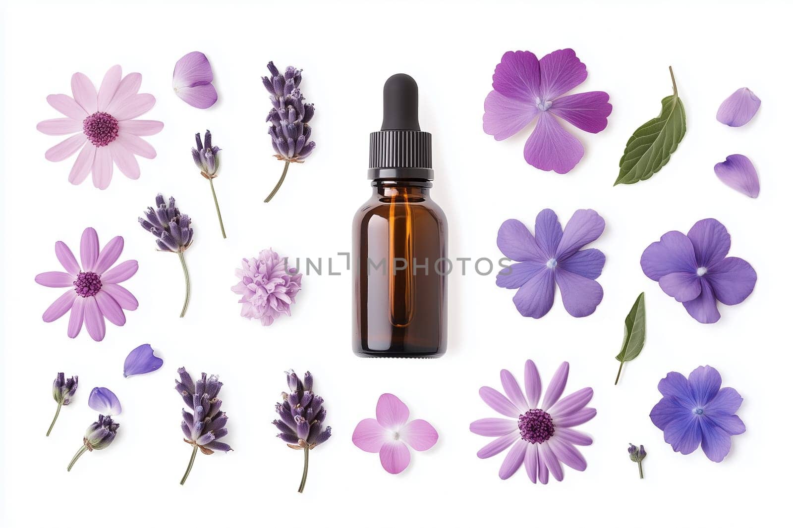 Wellness, aromatherapy beauty session, spa, glass bottle, aroma essential oil, flower petals isolated on a white background