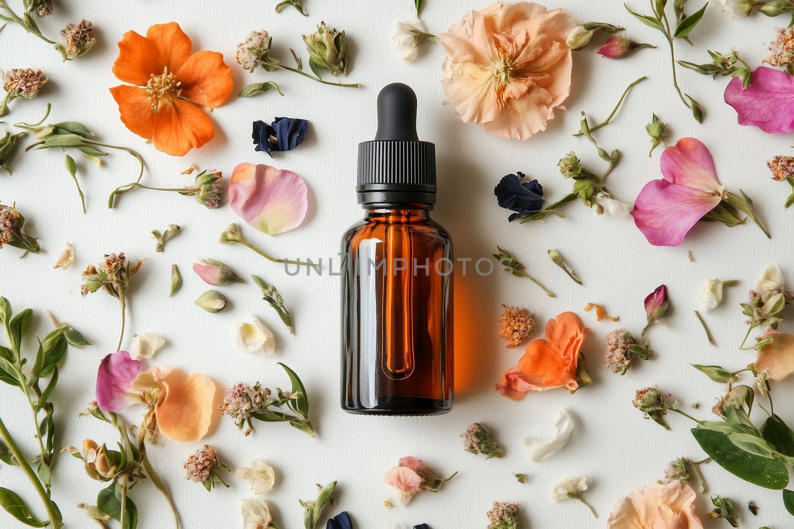 Wellness, aromatherapy beauty session, spa, glass bottle, aroma essential oil, flower petals. Spring fresh smell.